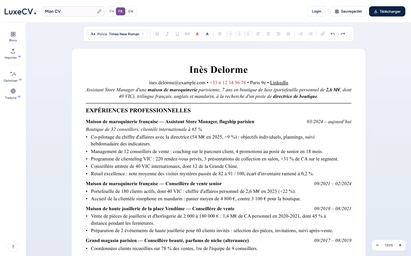 L'éditeur LuxeCV : le CV d'une Assistant Store Manager se modifie directement sur la feuille